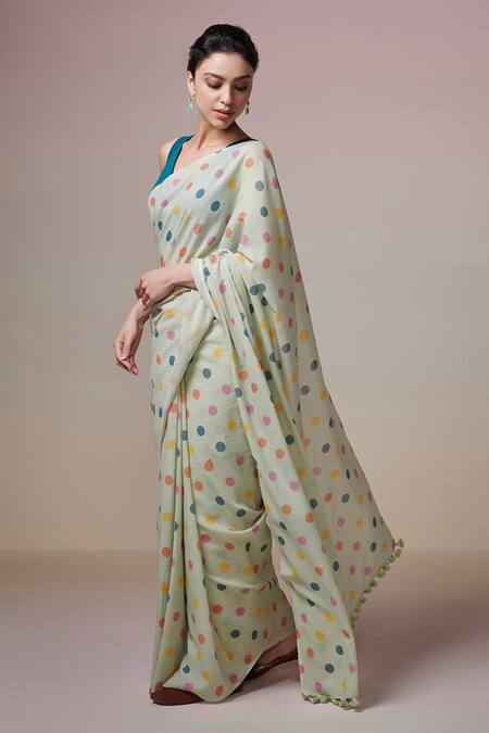Buy_Dressfolk_Mint Cotton Green Polka Dot Handloom Saree With Unstitched Blouse Piece _Online_at_Aza_Fashions