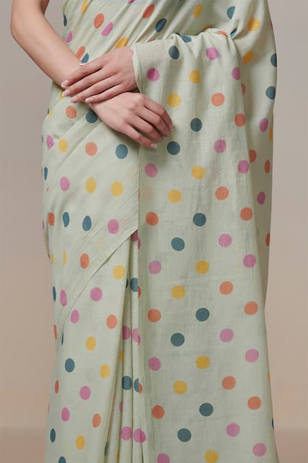 Shop_Dressfolk_Mint Cotton Green Polka Dot Handloom Saree With Unstitched Blouse Piece _Online_at_Aza_Fashions