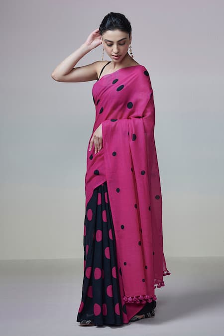 Buy Dressfolk Black Handloom Cotton Polka Dot Saree With Running Blouse Online at Aza Fashions Buy_Dressfolk_Black Handloom Cotton Polka Dot Saree With Running Blouse _Online_at_Aza_Fashions