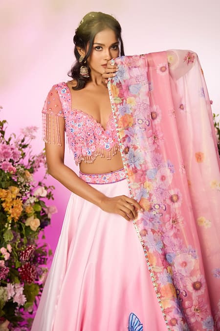 Label Priyanka Kar Pink Silk, Polyester Beads, Crystals V-neck Floral Embroidered Lehenga Set Online at Aza Fashions Label Priyanka Kar_Pink Silk, Polyester Beads, Crystals V-neck Floral Embroidered Lehenga Set _Online_at_Aza_Fashions