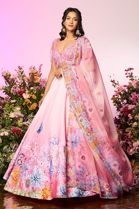 Shop Label Priyanka Kar Pink Silk, Polyester Beads, Crystals V-neck Floral Embroidered Lehenga Set Online at Aza Fashions Shop_Label Priyanka Kar_Pink Silk, Polyester Beads, Crystals V-neck Floral Embroidered Lehenga Set _Online_at_Aza_Fashions