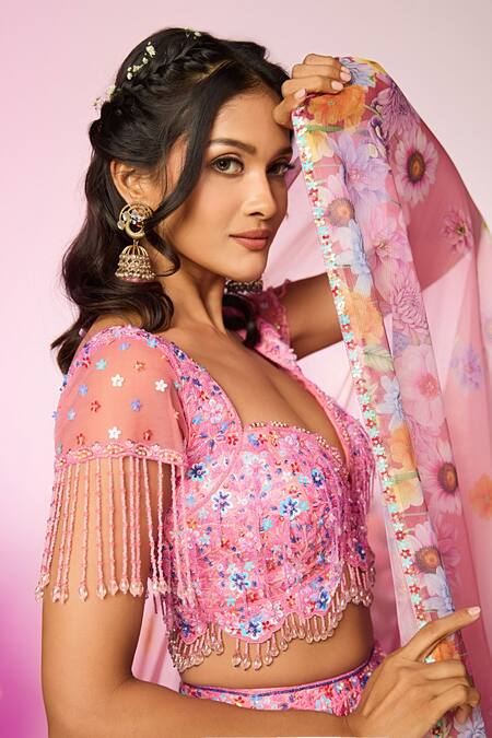 Buy Label Priyanka Kar Pink Silk, Polyester Beads, Crystals V-neck Floral Embroidered Lehenga Set Buy_Label Priyanka Kar_Pink Silk, Polyester Beads, Crystals V-neck Floral Embroidered Lehenga Set