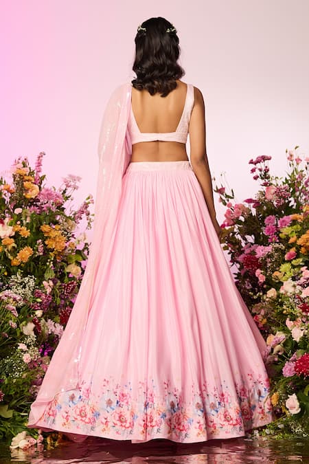 Shop Label Priyanka Kar Pink Chiffon Beads, Crystals, Sequins V-neck Floral Embroidered Lehenga Set at Aza Fashions Shop_Label Priyanka Kar_Pink Chiffon Beads, Crystals, Sequins V-neck Floral Embroidered Lehenga Set _at_Aza_Fashions