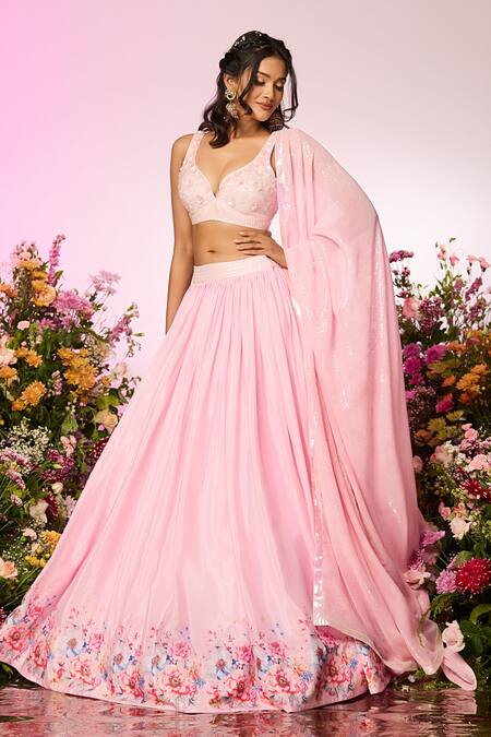 Label Priyanka Kar Pink Chiffon Beads, Crystals, Sequins V-neck Floral Embroidered Lehenga Set Online at Aza Fashions Label Priyanka Kar_Pink Chiffon Beads, Crystals, Sequins V-neck Floral Embroidered Lehenga Set _Online_at_Aza_Fashions