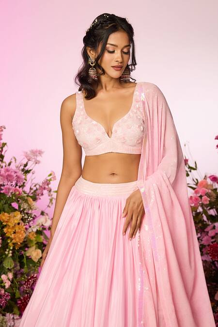 Buy Label Priyanka Kar Pink Chiffon Beads, Crystals, Sequins V-neck Floral Embroidered Lehenga Set Online at Aza Fashions Buy_Label Priyanka Kar_Pink Chiffon Beads, Crystals, Sequins V-neck Floral Embroidered Lehenga Set _Online_at_Aza_Fashions