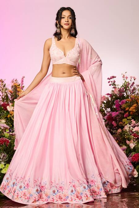 Shop Label Priyanka Kar Pink Chiffon Beads, Crystals, Sequins V-neck Floral Embroidered Lehenga Set Online at Aza Fashions Shop_Label Priyanka Kar_Pink Chiffon Beads, Crystals, Sequins V-neck Floral Embroidered Lehenga Set _Online_at_Aza_Fashions