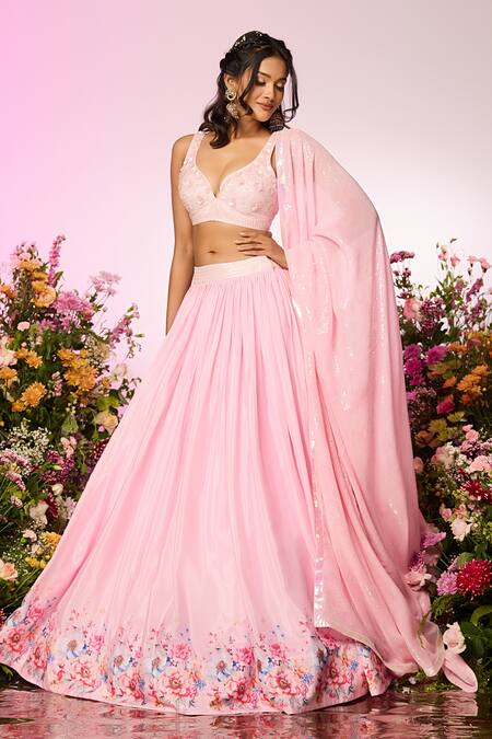Label Priyanka Kar Pink Chiffon Beads, Crystals, Sequins V-neck Floral Embroidered Lehenga Set at Aza Fashions Label Priyanka Kar_Pink Chiffon Beads, Crystals, Sequins V-neck Floral Embroidered Lehenga Set _at_Aza_Fashions