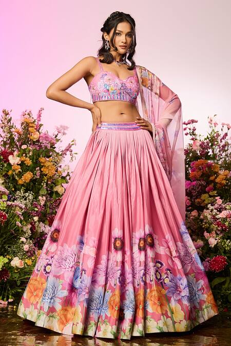 Buy Label Priyanka Kar Pink Chiffon Beads, Crystals Round Neck Floral Printed Lehenga Set Online at Aza Fashions Buy_Label Priyanka Kar_Pink Chiffon Beads, Crystals Round Neck Floral Printed Lehenga Set _Online_at_Aza_Fashions