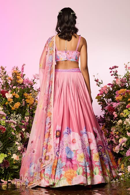 Shop Label Priyanka Kar Pink Chiffon Beads, Crystals Round Neck Floral Printed Lehenga Set at Aza Fashions Shop_Label Priyanka Kar_Pink Chiffon Beads, Crystals Round Neck Floral Printed Lehenga Set _at_Aza_Fashions