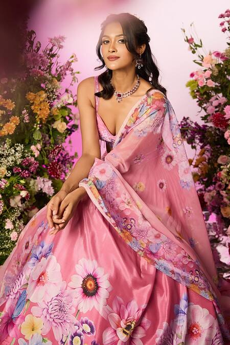 Shop Label Priyanka Kar Pink Chiffon Beads, Crystals Round Neck Floral Printed Lehenga Set Online at Aza Fashions Shop_Label Priyanka Kar_Pink Chiffon Beads, Crystals Round Neck Floral Printed Lehenga Set _Online_at_Aza_Fashions