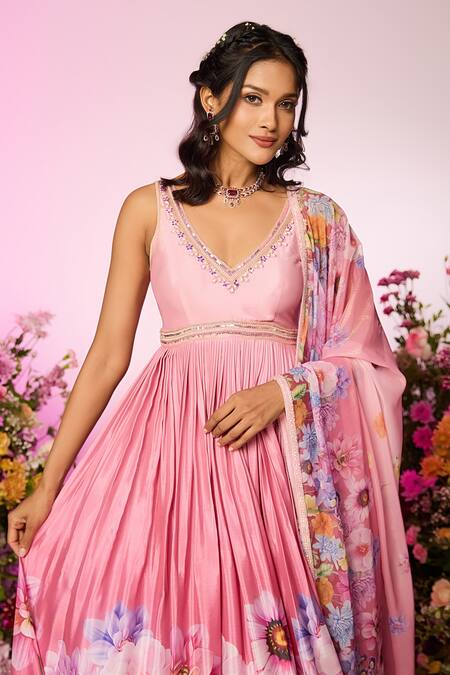 Buy Label Priyanka Kar Pink Chiffon Beads V-neck Floral Embroidered Anarkali Set Online at Aza Fashions Buy_Label Priyanka Kar_Pink Chiffon Beads V-neck Floral Embroidered Anarkali Set _Online_at_Aza_Fashions
