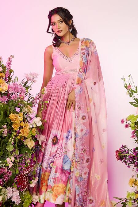 Shop Label Priyanka Kar Pink Chiffon Beads V-neck Floral Embroidered Anarkali Set Online at Aza Fashions Shop_Label Priyanka Kar_Pink Chiffon Beads V-neck Floral Embroidered Anarkali Set _Online_at_Aza_Fashions
