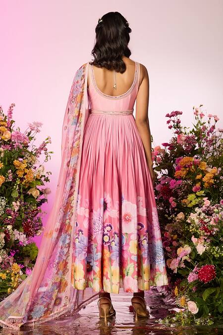 Shop Label Priyanka Kar Pink Chiffon Beads V-neck Floral Embroidered Anarkali Set at Aza Fashions Shop_Label Priyanka Kar_Pink Chiffon Beads V-neck Floral Embroidered Anarkali Set _at_Aza_Fashions