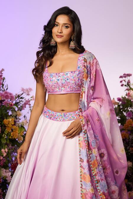 Label Priyanka Kar Lavender Crepe, Chiffon Beads Square Neck Floral Embroidered Lehenga Set Online at Aza Fashions Label Priyanka Kar_Lavender Crepe, Chiffon Beads Square Neck Floral Embroidered Lehenga Set _Online_at_Aza_Fashions