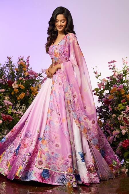 Shop Label Priyanka Kar Lavender Crepe, Chiffon Beads Square Neck Floral Embroidered Lehenga Set Online at Aza Fashions Shop_Label Priyanka Kar_Lavender Crepe, Chiffon Beads Square Neck Floral Embroidered Lehenga Set _Online_at_Aza_Fashions