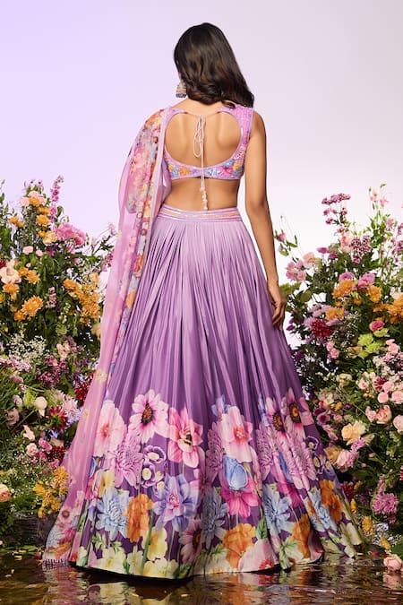 Shop_Label Priyanka Kar_Purple Chiffon Beads Round Neck Floral Embellished Lavender Lehenga Set _at_Aza_Fashions