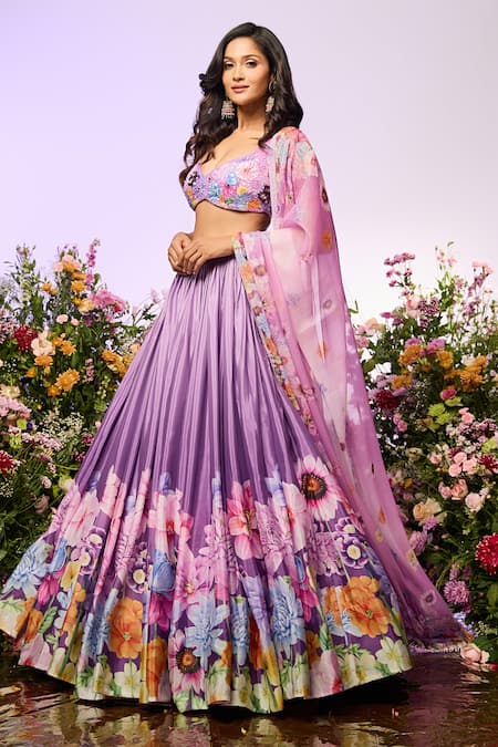 Shop_Label Priyanka Kar_Purple Chiffon Beads Round Neck Floral Embellished Lavender Lehenga Set _Online_at_Aza_Fashions
