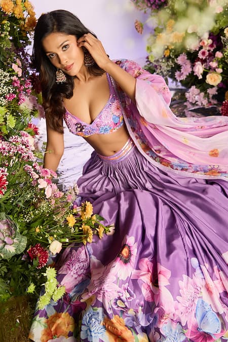 Label Priyanka Kar_Purple Chiffon Beads Round Neck Floral Embellished Lavender Lehenga Set _at_Aza_Fashions