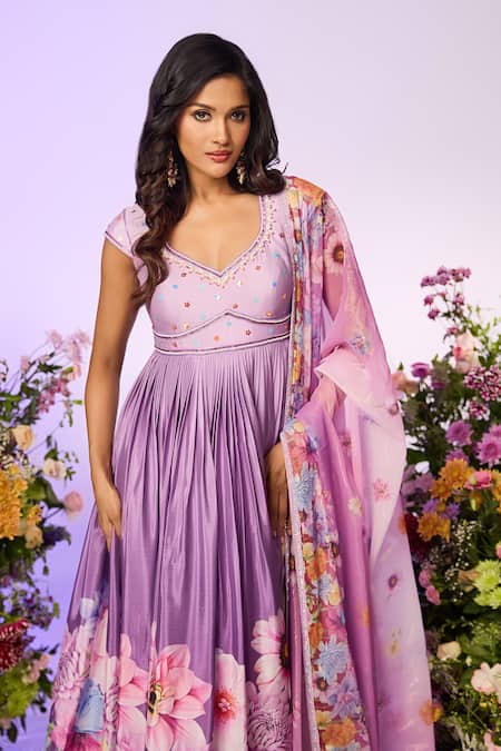 Label Priyanka Kar Purple Chiffon Beads V-neck Floral Embellished Anarkali Set Online at Aza Fashions Label Priyanka Kar_Purple Chiffon Beads V-neck Floral Embellished Anarkali Set _Online_at_Aza_Fashions