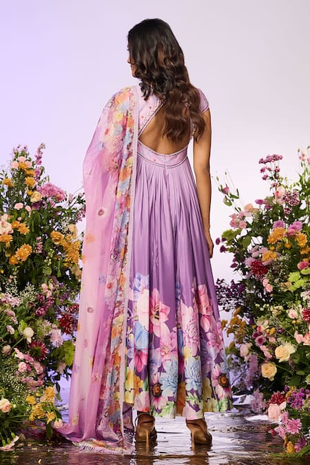 Shop Label Priyanka Kar Purple Chiffon Beads V-neck Floral Embellished Anarkali Set at Aza Fashions Shop_Label Priyanka Kar_Purple Chiffon Beads V-neck Floral Embellished Anarkali Set _at_Aza_Fashions