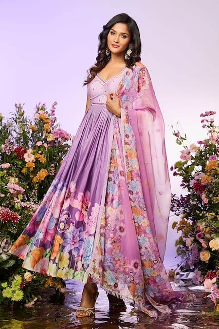 Buy Label Priyanka Kar Purple Chiffon Beads V-neck Floral Embellished Anarkali Set Online at Aza Fashions Buy_Label Priyanka Kar_Purple Chiffon Beads V-neck Floral Embellished Anarkali Set _Online_at_Aza_Fashions