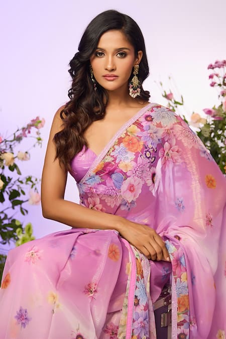 Label Priyanka Kar Purple Silk Crystals Round Neck Floral Embellished Predrape Saree Set Online at Aza Fashions Label Priyanka Kar_Purple Silk Crystals Round Neck Floral Embellished Predrape Saree Set _Online_at_Aza_Fashions