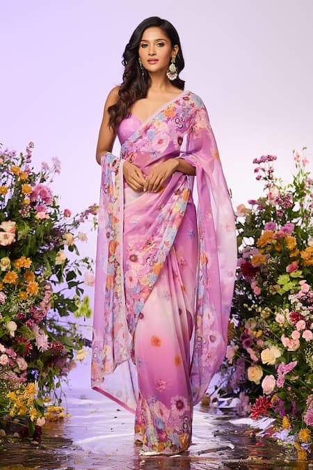 Buy Label Priyanka Kar Purple Silk Crystals Round Neck Floral Embellished Predrape Saree Set Online at Aza Fashions Buy_Label Priyanka Kar_Purple Silk Crystals Round Neck Floral Embellished Predrape Saree Set _Online_at_Aza_Fashions