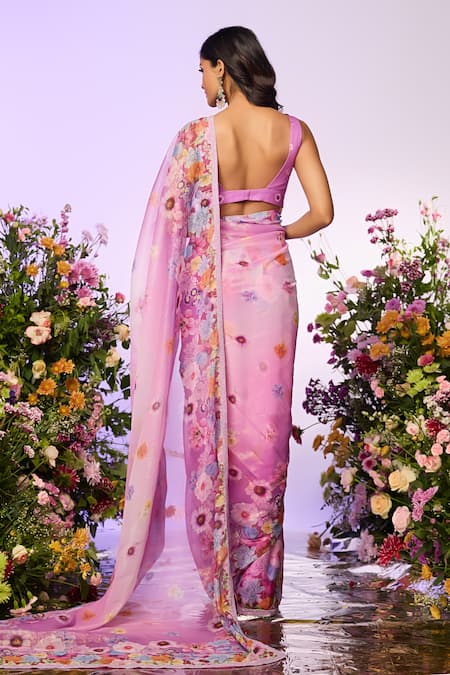 Shop Label Priyanka Kar Purple Silk Crystals Round Neck Floral Embellished Predrape Saree Set at Aza Fashions Shop_Label Priyanka Kar_Purple Silk Crystals Round Neck Floral Embellished Predrape Saree Set _at_Aza_Fashions