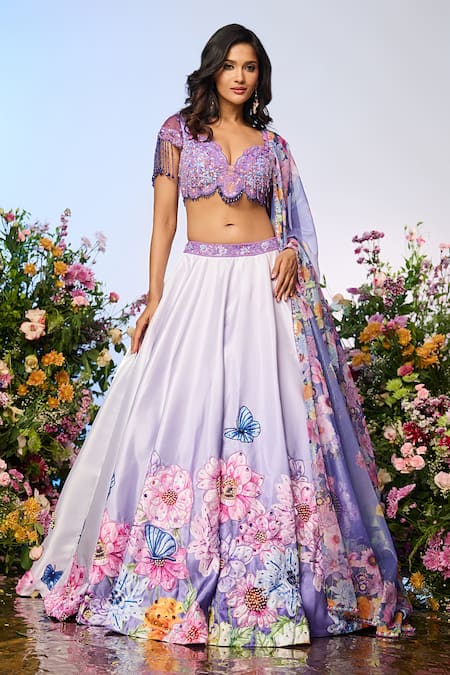 Buy Label Priyanka Kar Blue Silk, Crepe Beads, Embroidery Floral Crystal Lehenga Set Buy_Label Priyanka Kar_Blue Silk, Crepe Beads, Embroidery Floral Crystal Lehenga Set
