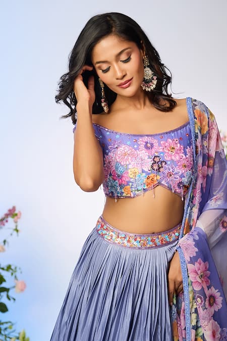 Label Priyanka Kar_Blue Chiffon Beads Off-shoulder Floral Embellished Lilac Lehenga Set _Online_at_Aza_Fashions