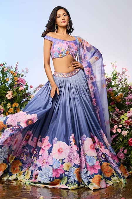 Buy_Label Priyanka Kar_Blue Chiffon Beads Off-shoulder Floral Embellished Lilac Lehenga Set _Online_at_Aza_Fashions