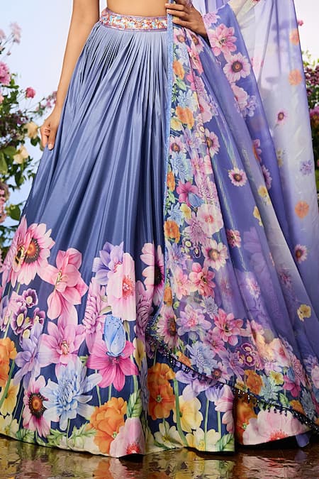 Shop_Label Priyanka Kar_Blue Chiffon Beads Off-shoulder Floral Embellished Lilac Lehenga Set _Online_at_Aza_Fashions