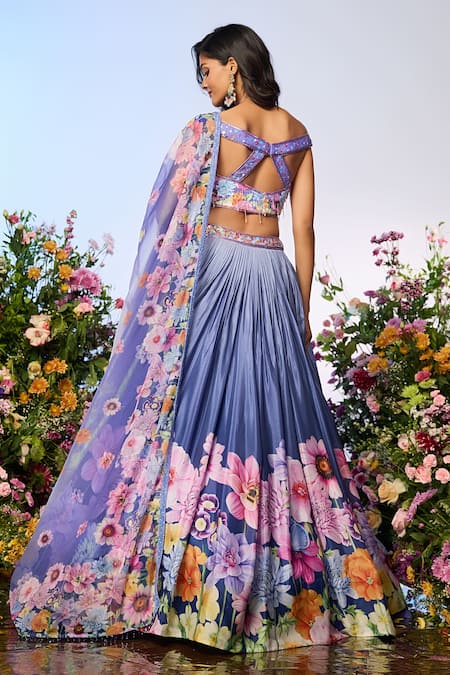 Shop_Label Priyanka Kar_Blue Chiffon Beads Off-shoulder Floral Embellished Lilac Lehenga Set _at_Aza_Fashions