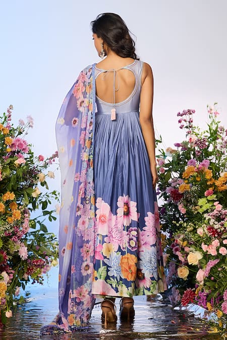 Shop_Label Priyanka Kar_Blue Chiffon Beads Sweetheart Neck Floral Embellished Anarkali Set _at_Aza_Fashions