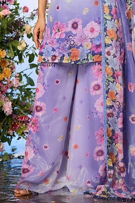 Buy Label Priyanka Kar Blue Silk, Chiffon, Rayon Crystals, Beads Floral Embellished Lilac Sharara Set Online at Aza Fashions Buy_Label Priyanka Kar_Blue Silk, Chiffon, Rayon Crystals, Beads Floral Embellished Lilac Sharara Set _Online_at_Aza_Fashions