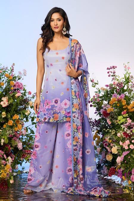 Shop Label Priyanka Kar Blue Silk, Chiffon, Rayon Crystals, Beads Floral Embellished Lilac Sharara Set Online at Aza Fashions Shop_Label Priyanka Kar_Blue Silk, Chiffon, Rayon Crystals, Beads Floral Embellished Lilac Sharara Set _Online_at_Aza_Fashions