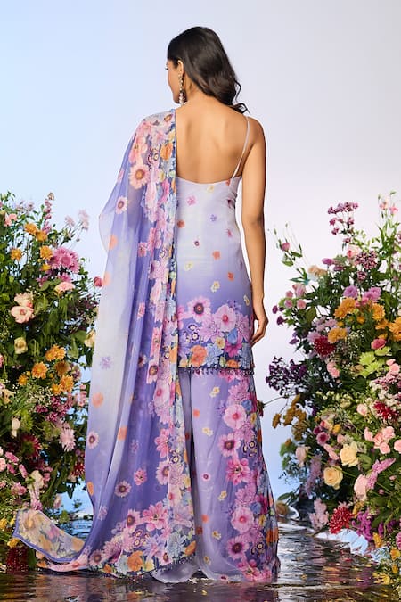 Shop Label Priyanka Kar Blue Silk, Chiffon, Rayon Crystals, Beads Floral Embellished Lilac Sharara Set at Aza Fashions Shop_Label Priyanka Kar_Blue Silk, Chiffon, Rayon Crystals, Beads Floral Embellished Lilac Sharara Set _at_Aza_Fashions