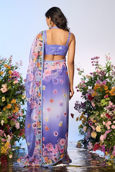 Shop_Label Priyanka Kar_Lilac Silk, Rayon Crystals Round Neck Floral Printed Predrape Saree Set _at_Aza_Fashions