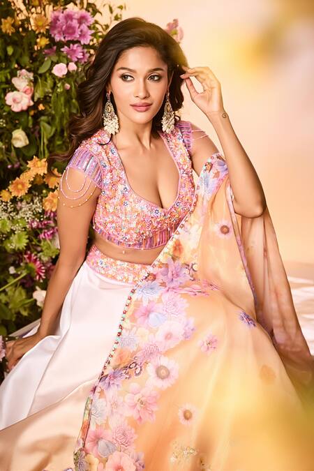 Buy Label Priyanka Kar Yellow Crepe, Silk Beads Round Neck Floral Embroidered Lehenga Set Online at Aza Fashions Buy_Label Priyanka Kar_Yellow Crepe, Silk Beads Round Neck Floral Embroidered Lehenga Set _Online_at_Aza_Fashions