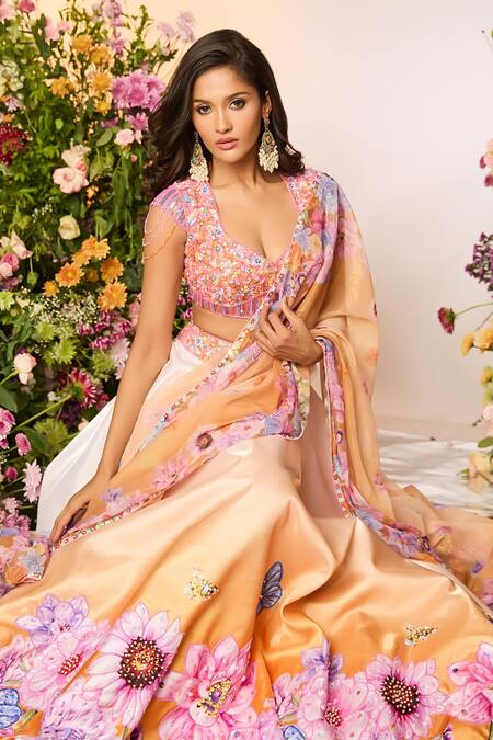 Shop Label Priyanka Kar Yellow Crepe, Silk Beads Round Neck Floral Embroidered Lehenga Set Online at Aza Fashions Shop_Label Priyanka Kar_Yellow Crepe, Silk Beads Round Neck Floral Embroidered Lehenga Set _Online_at_Aza_Fashions