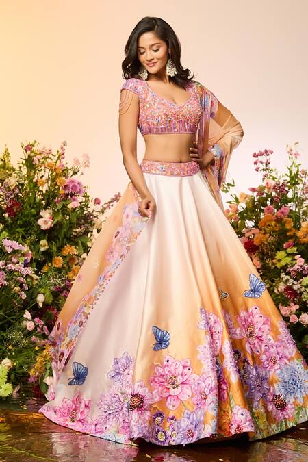Label Priyanka Kar Yellow Crepe, Silk Beads Round Neck Floral Embroidered Lehenga Set at Aza Fashions Label Priyanka Kar_Yellow Crepe, Silk Beads Round Neck Floral Embroidered Lehenga Set _at_Aza_Fashions