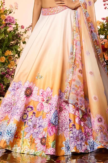 Buy Label Priyanka Kar Yellow Crepe, Silk Beads Round Neck Floral Embroidered Lehenga Set Buy_Label Priyanka Kar_Yellow Crepe, Silk Beads Round Neck Floral Embroidered Lehenga Set