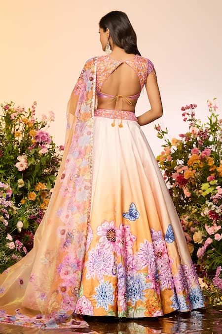 Shop Label Priyanka Kar Yellow Crepe, Silk Beads Round Neck Floral Embroidered Lehenga Set at Aza Fashions Shop_Label Priyanka Kar_Yellow Crepe, Silk Beads Round Neck Floral Embroidered Lehenga Set _at_Aza_Fashions