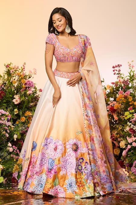 Shop Label Priyanka Kar Yellow Crepe, Silk Beads Round Neck Floral Embroidered Lehenga Set Shop_Label Priyanka Kar_Yellow Crepe, Silk Beads Round Neck Floral Embroidered Lehenga Set
