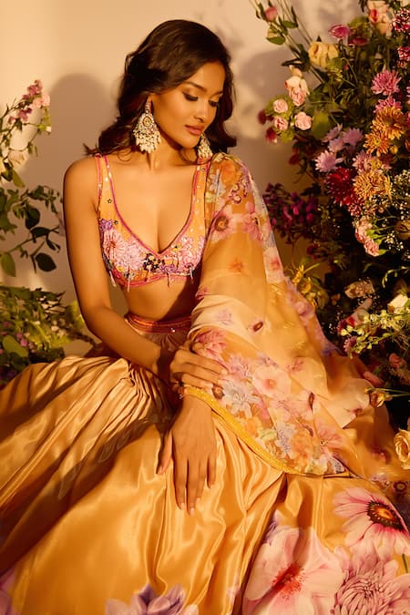 Buy Label Priyanka Kar Yellow Chiffon Beads, Embroidery Round Neck Floral Printed Lehenga Set Online at Aza Fashions Buy_Label Priyanka Kar_Yellow Chiffon Beads, Embroidery Round Neck Floral Printed Lehenga Set _Online_at_Aza_Fashions