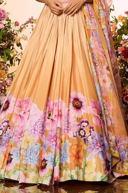 Shop Label Priyanka Kar Yellow Chiffon Beads, Embroidery Round Neck Floral Printed Lehenga Set Online at Aza Fashions Shop_Label Priyanka Kar_Yellow Chiffon Beads, Embroidery Round Neck Floral Printed Lehenga Set _Online_at_Aza_Fashions