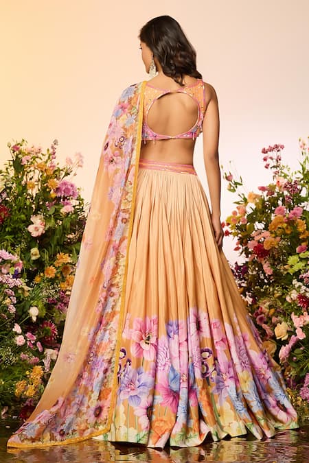 Shop Label Priyanka Kar Yellow Chiffon Beads, Embroidery Round Neck Floral Printed Lehenga Set at Aza Fashions Shop_Label Priyanka Kar_Yellow Chiffon Beads, Embroidery Round Neck Floral Printed Lehenga Set _at_Aza_Fashions