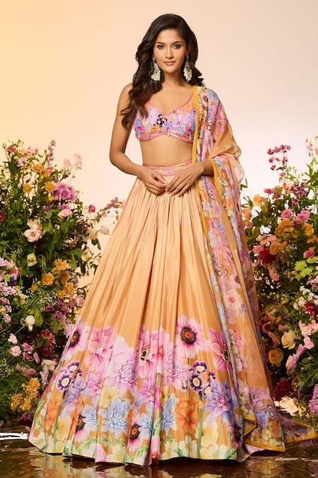 Label Priyanka Kar Yellow Chiffon Beads, Embroidery Round Neck Floral Printed Lehenga Set at Aza Fashions Label Priyanka Kar_Yellow Chiffon Beads, Embroidery Round Neck Floral Printed Lehenga Set _at_Aza_Fashions