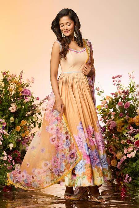 Buy Label Priyanka Kar Peach Chiffon Beads Round Neck Floral Printed Anarkali Set Online at Aza Fashions Buy_Label Priyanka Kar_Peach Chiffon Beads Round Neck Floral Printed Anarkali Set _Online_at_Aza_Fashions