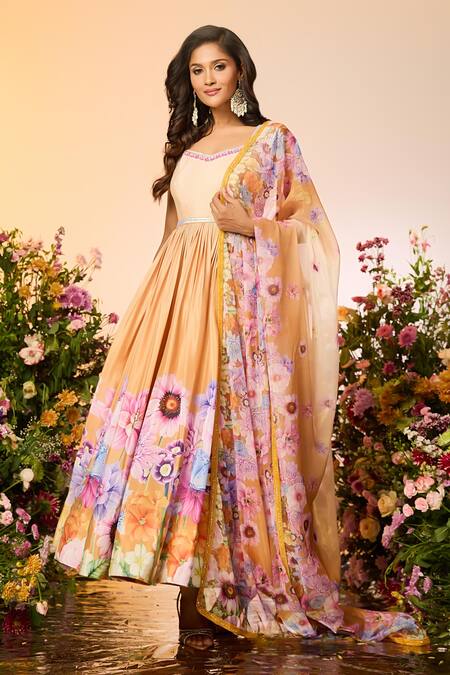 Shop Label Priyanka Kar Peach Chiffon Beads Round Neck Floral Printed Anarkali Set Online at Aza Fashions Shop_Label Priyanka Kar_Peach Chiffon Beads Round Neck Floral Printed Anarkali Set _Online_at_Aza_Fashions